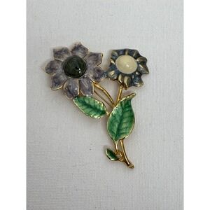 Vintage Gold Tone & Green And Blue Enamel Floral Brooch